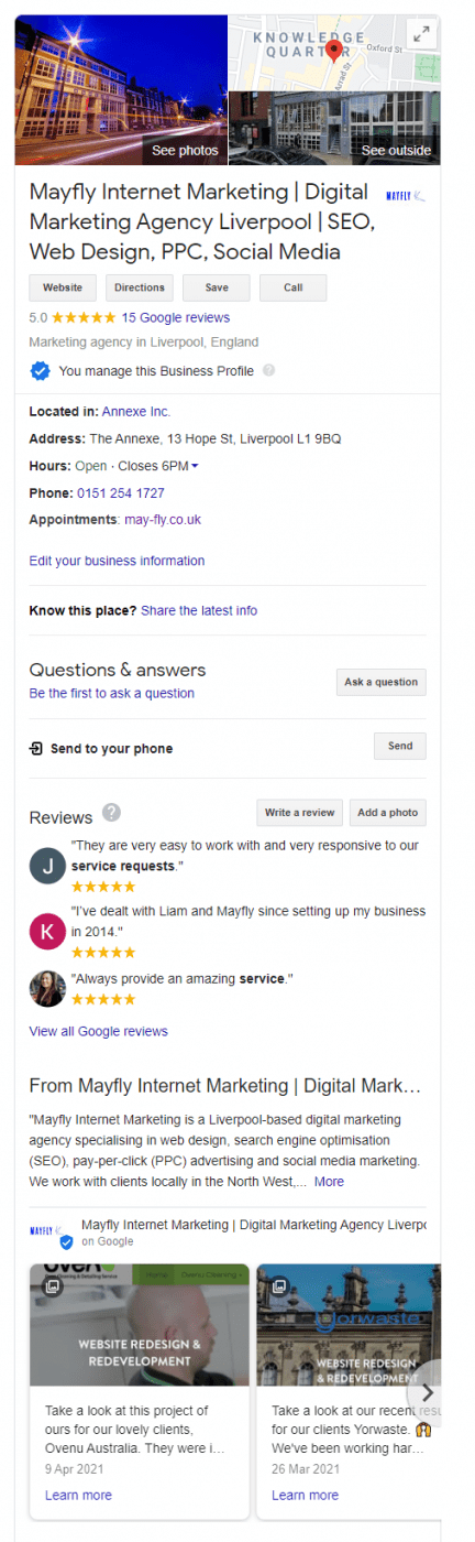 Google My Business listing featuring Google Posts.