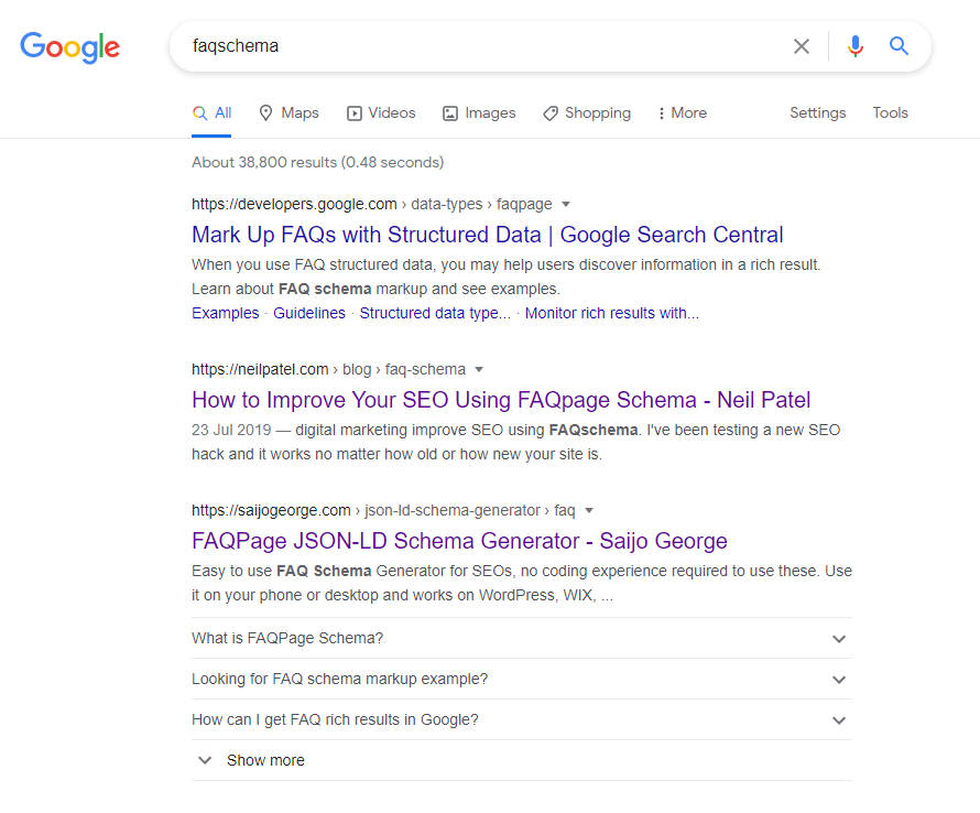 FAQ Schema Rich Results in Google search result